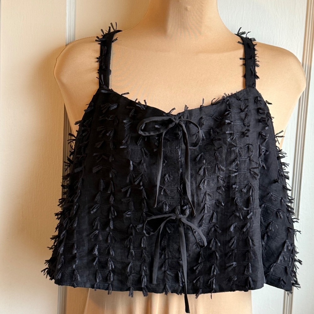 Love Bonito Black Fringe Crop Top Bow Detail Going Out Top Sleeveless Tank US 10